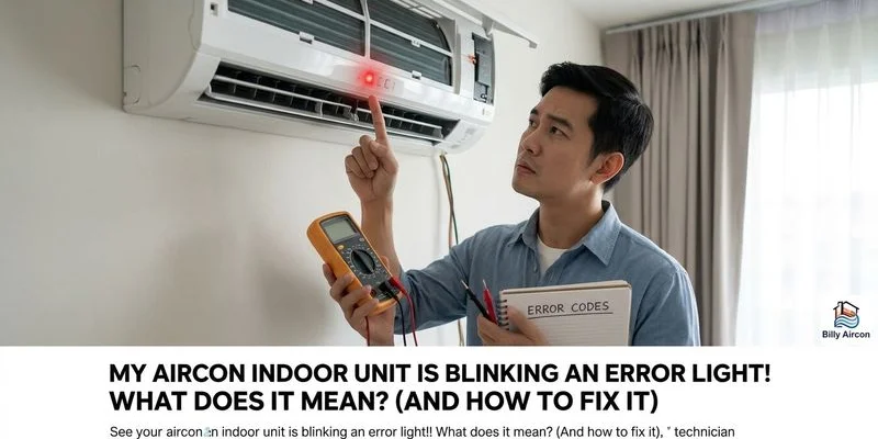 Aircon indoor unit with blinking indicator light showing error code
