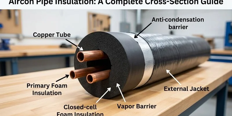 Cross-section view of aircon copper pipe with foam insulation showing how it prevents condensation in humid conditions