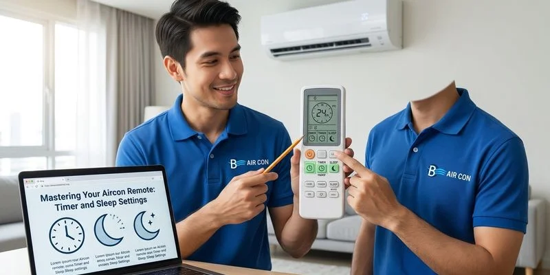 Aircon remote control showing timer and sleep mode settings for overnight cooling