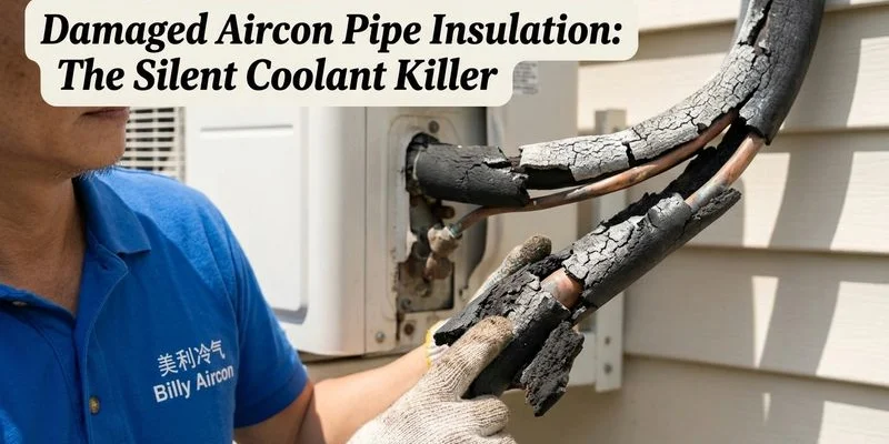 Damaged and cracked aircon pipe insulation showing UV degradation on outdoor pipe section in Singapore