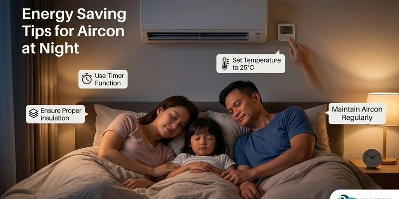 Energy saving tips infographic showing aircon temperature settings and monthly cost comparison for Singapore households