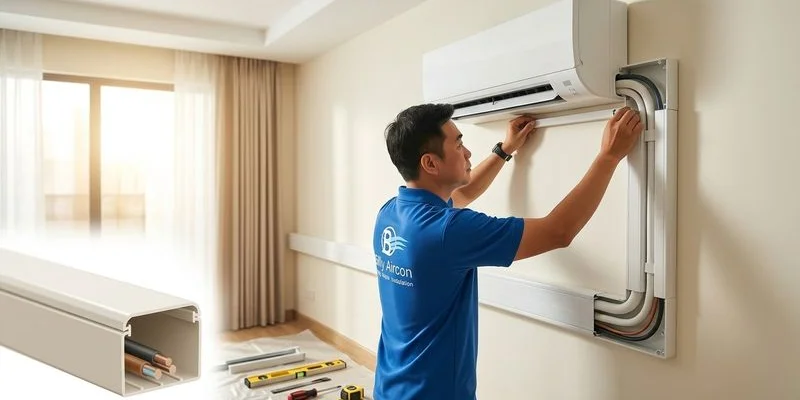 Neat aircon installation showing trunking routing from indoor to outdoor unit with proper bracket mounting on HDB external wall