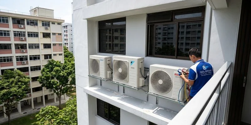 Outdoor aircon compressor units properly installed on an HDB aircon ledge