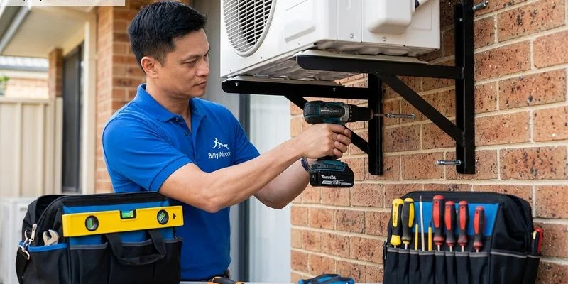 Close-up of aircon wall bracket with expansion bolts properly anchored into concrete wall showing correct installation