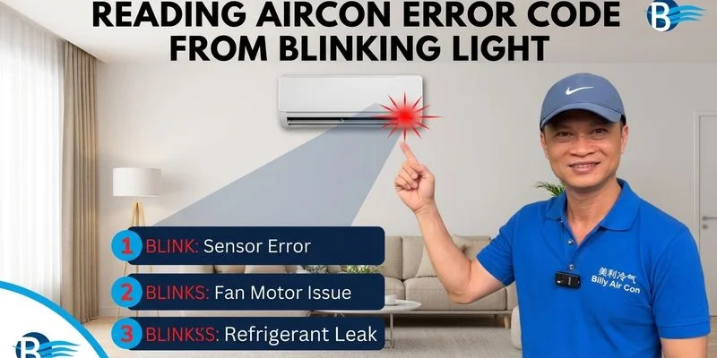 Technician reading aircon error code from blinking light pattern on indoor unit