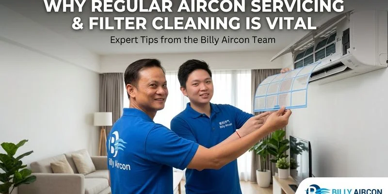 Technician cleaning aircon filter during regular servicing appointment