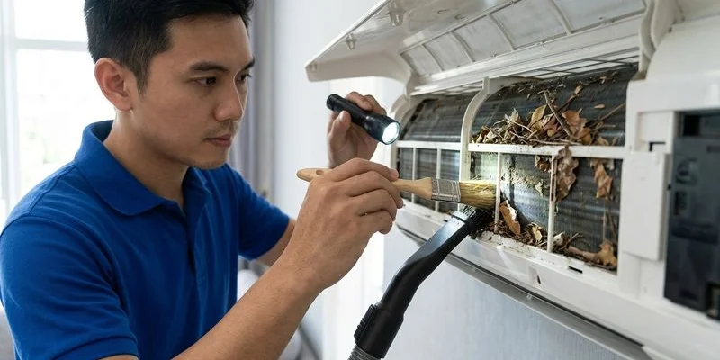 Technician removing pest debris from inside an aircon indoor unit during servicing