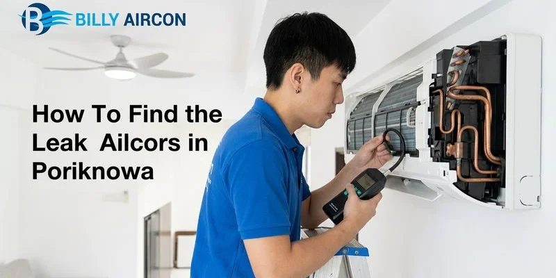 Technician using leak detection equipment to locate aircon refrigerant leak