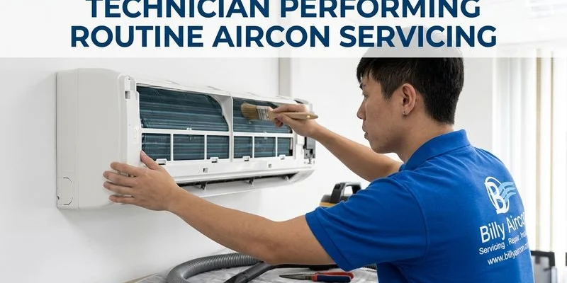 Aircon technician performing routine servicing on a wall-mounted split unit