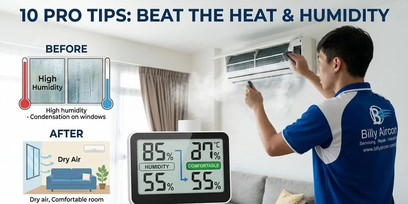 Practical tips to reduce indoor humidity in Singapore including closing windows, using exhaust fans, and avoiding indoor drying