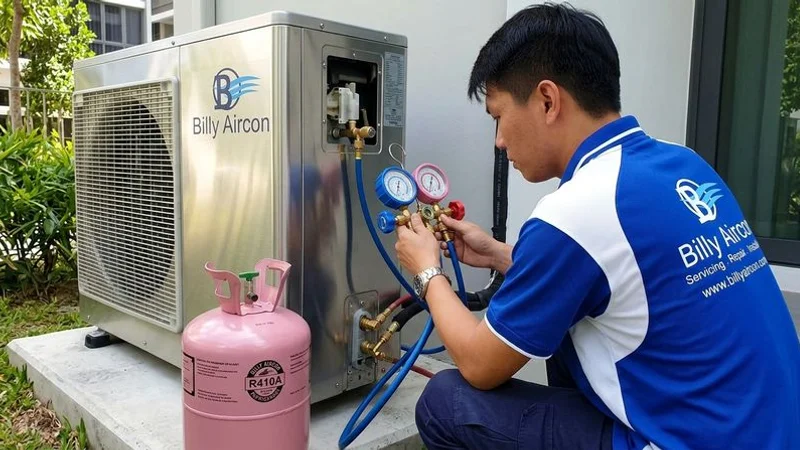 Technician adding R410A refrigerant to aircon outdoor condenser unit at Singapore condo