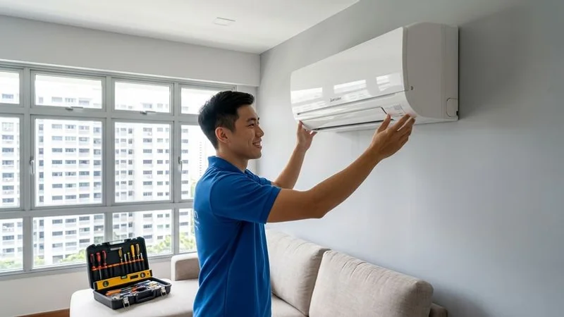 Billy Aircon technician mounting a split system indoor unit on the wall of a Singapore HDB flat