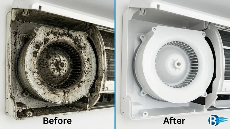Before and after aircon blower fan chemical wash showing mould removal in Singapore condo unit