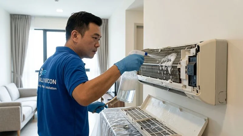 Chemical solution applied to wall-mounted Daikin aircon unit during deep cleaning service in Singapore