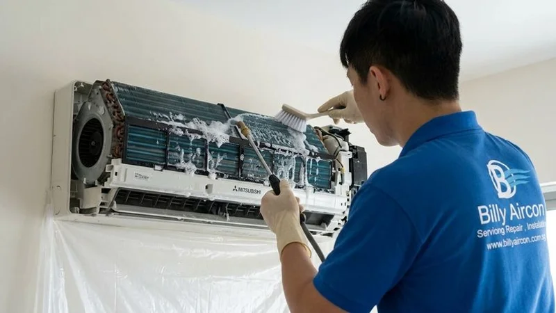 Billy Aircon technician performing chemical wash on Mitsubishi aircon unit in Singapore