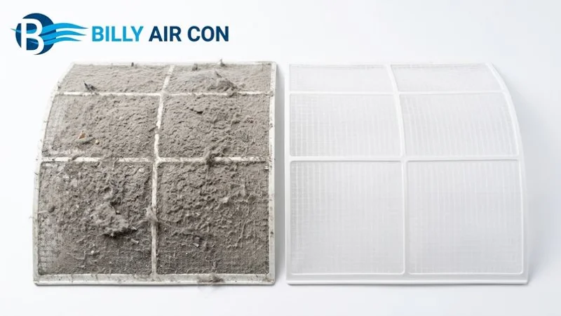 Clean versus dirty aircon filter after regular servicing in Singapore