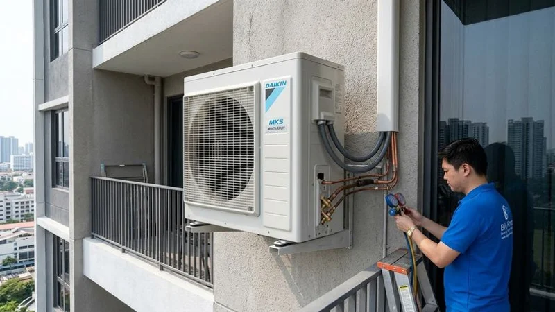 Daikin MKS multi-split condenser on a Singapore condo ledge serviced by Billy Aircon
