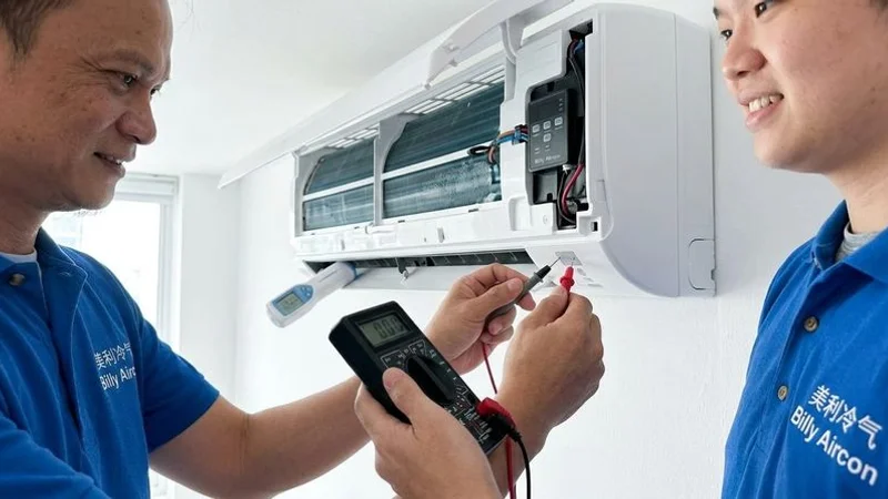 Technician testing a newly installed aircon system for cooling performance in a Singapore condo