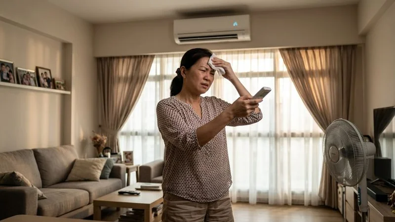 Singapore homeowner checking aircon remote control after unit stops blowing cold air in HDB flat