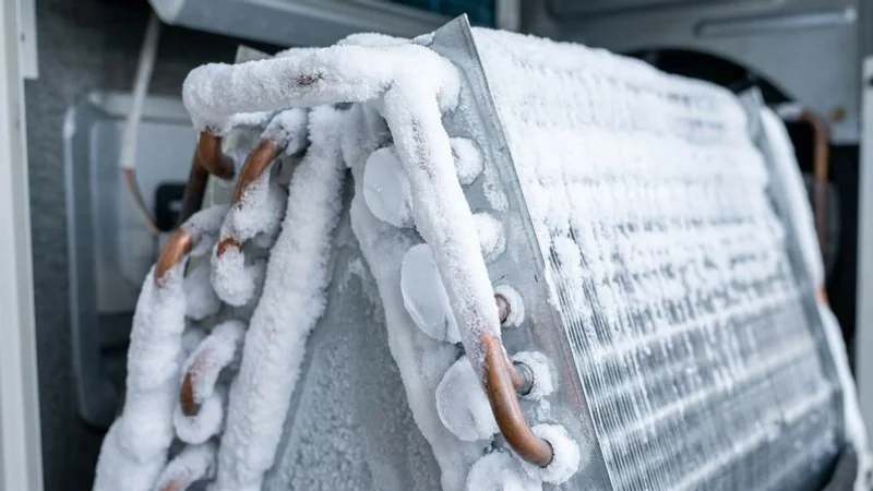 Frost and ice on aircon evaporator coil from low refrigerant in Singapore HDB unit