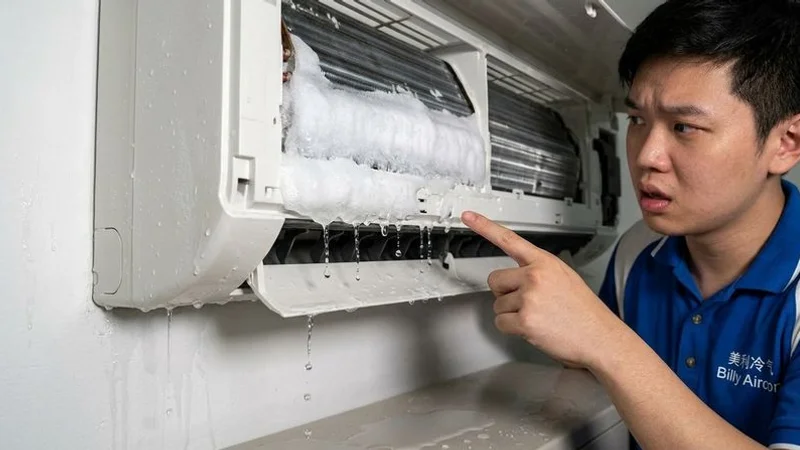 Ice buildup on aircon evaporator coil causing water leak in Singapore home