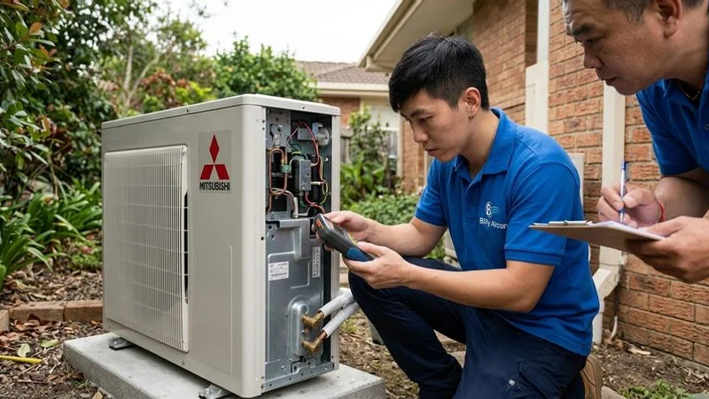 Billy Aircon technician inspecting a Mitsubishi outdoor compressor unit at a Singapore condo