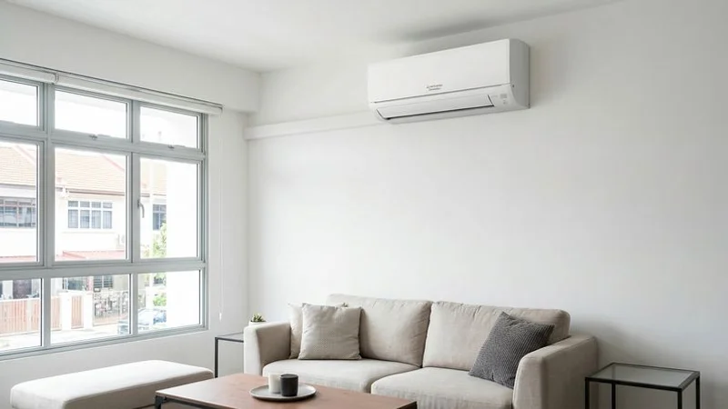 Mitsubishi Starmex wall-mounted aircon unit installed in a Singapore HDB flat living room