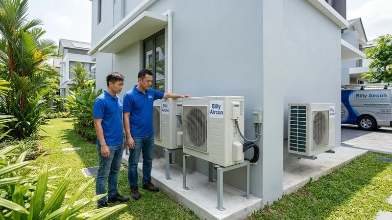 Multiple outdoor condenser units installed with proper spacing at a Singapore landed property