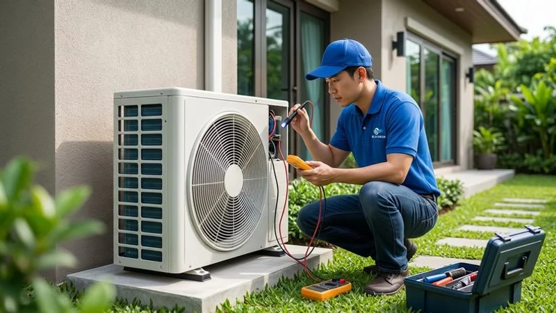 Technician inspecting outdoor condenser unit at a landed property in Singapore