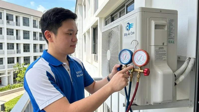 Billy Aircon technician connecting pressure gauges to outdoor unit for refrigerant gas level check in Singapore