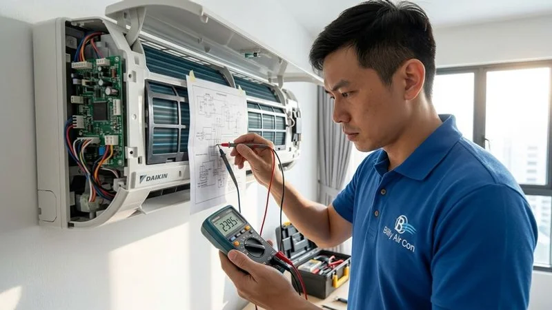 Billy Aircon technician diagnosing Daikin wall-mounted aircon in a Singapore HDB flat