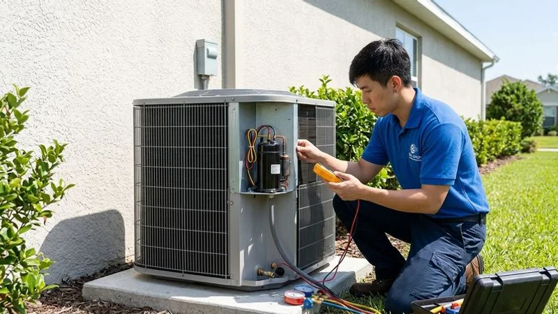 Billy Aircon technician inspecting outdoor condenser unit to diagnose compressor fault