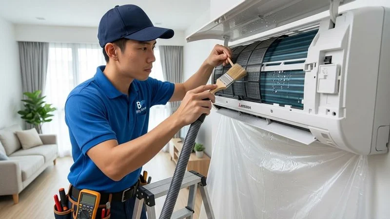 Billy Aircon technician servicing a wall-mounted split unit in a Singapore HDB flat